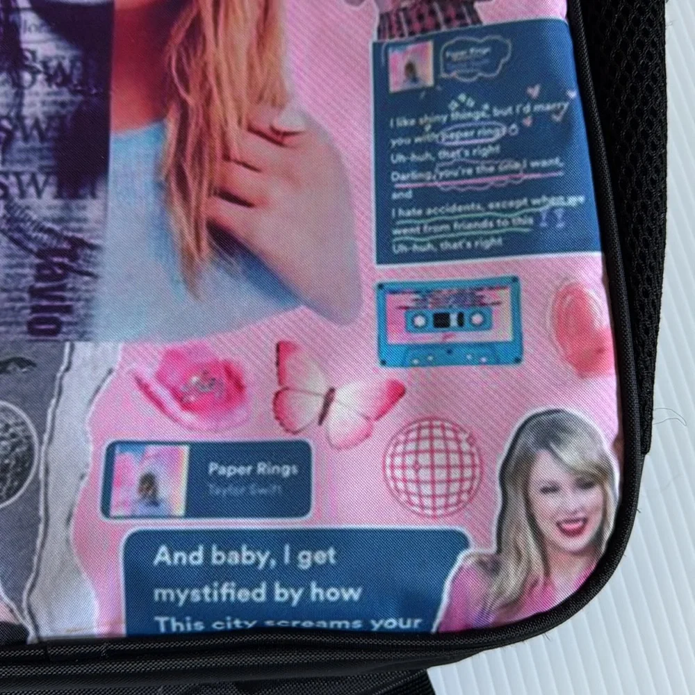 Taylor Swift inspired black, pink & gray collage backpack.
